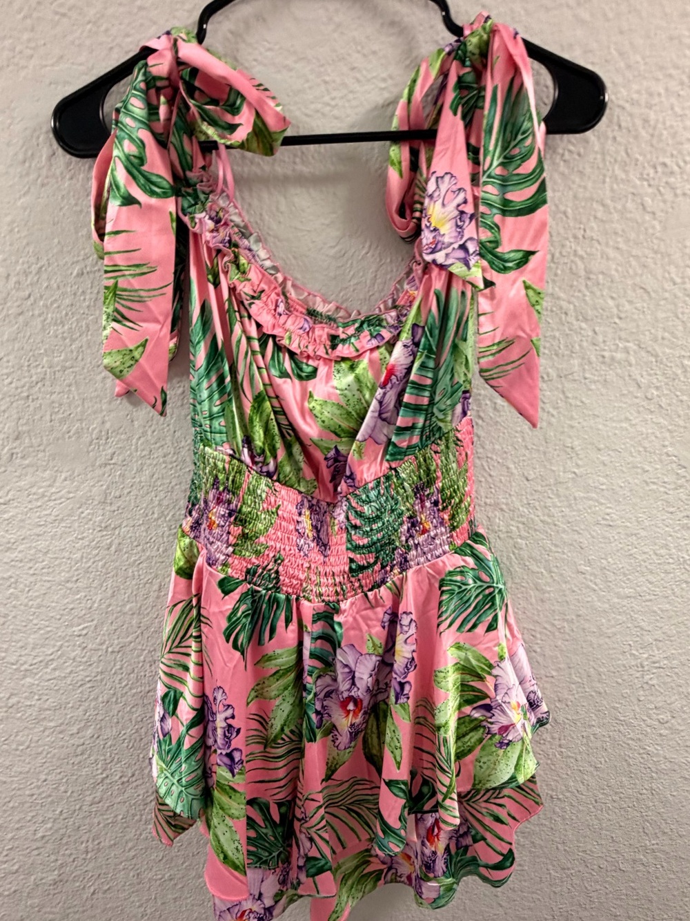 Pink Tropical Floral Tie-Shoulder Romper